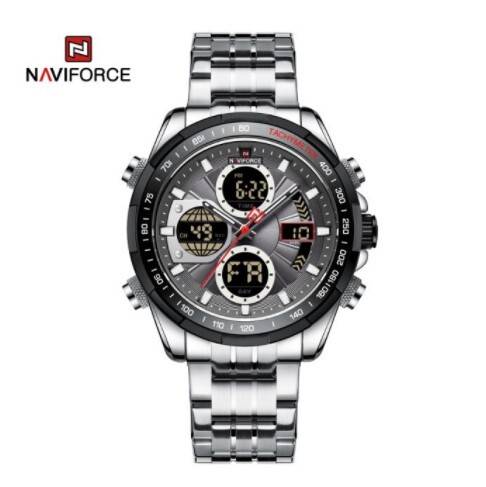 Naviforce NF9197 Silver Stainless Steel Dual Time Watch For Men - Black & Silver
