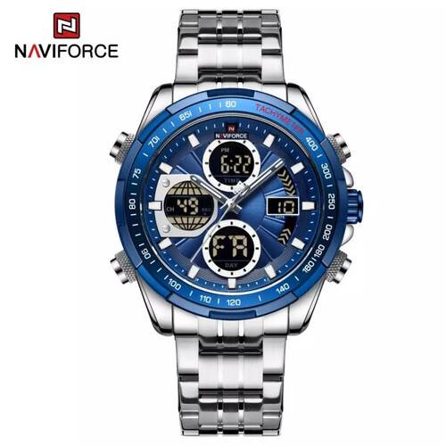 Naviforce NF9197 Silver Stainless Steel Dual Time Watch For Men - Royal Blue & Silver