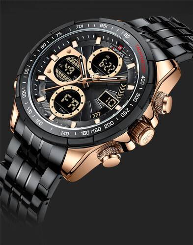Naviforce NF9197 Black Stainless Steel Dual Time Watch For Men - RoseGold & Black, 3 image
