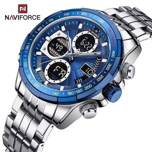 Naviforce NF9197 Silver Stainless Steel Dual Time Watch For Men - Royal Blue & Silver, 3 image