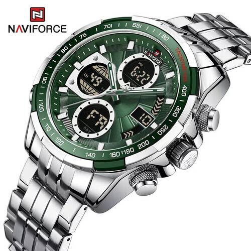 Naviforce NF9197 Silver Stainless Steel Dual Time Watch For Men Green Silver