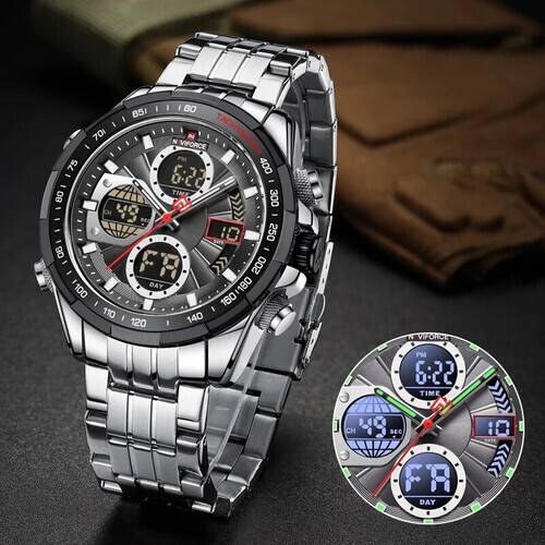 Naviforce NF9197 Silver Stainless Steel Dual Time Watch For Men - Black & Silver, 4 image
