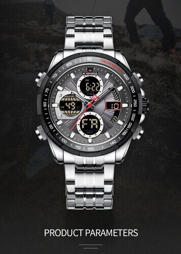 Naviforce NF9197 Silver Stainless Steel Dual Time Watch For Men - Black & Silver, 6 image