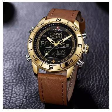 NAVIFORCE NF9144 Brown PU Leather Dual Time Wrist Watch For Men - Brown & Golden, 3 image