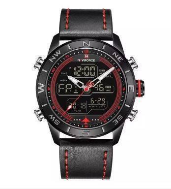 NAVIFORCE NF9144 Black PU Leather Dual Time Wrist Watch For Men - Black & Red, 2 image