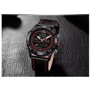 NAVIFORCE NF9144 Black PU Leather Dual Time Wrist Watch For Men - Black & Red, 5 image
