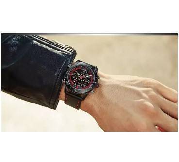 NAVIFORCE NF9144 Black PU Leather Dual Time Wrist Watch For Men - Black & Red, 3 image