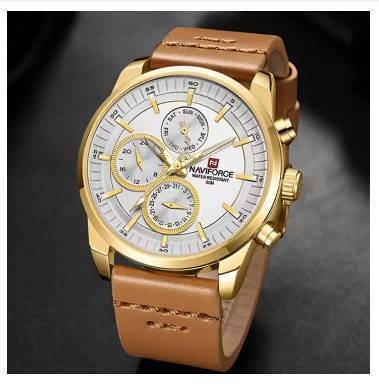 NAVIFORCE NF9148 Brown PU Leather Chronograph Watch For Men - Golden & Brown, 2 image