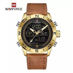 NAVIFORCE NF9144 Brown PU Leather Dual Time Wrist Watch For Men - Brown & Golden