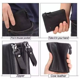 Black Original Leather Card Holder and Two Zipper Pockets Wallet for Men