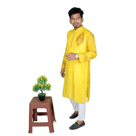 Stylish Yellow Mixed Cotton Panjabi, 2 image