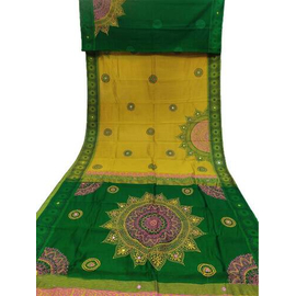 Dupion Silk Saree For Women- Green & Yellow