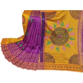 Dupion Silk Saree For Women- Purple & Yellow