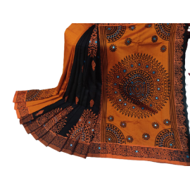 Dupion Silk Saree For Women- Black & Orange