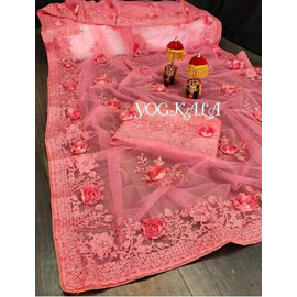 Net Saree with Embroidery & 3D Flower Work, 3 image