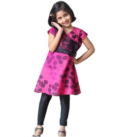 Pink Over Black  Printed Cotton Girls Tops(7-10 Years)