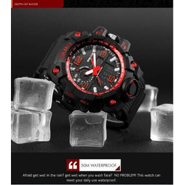 SKMEI 1155B Black PU Dual Time Sport Watch For Men - Red & Black, 4 image