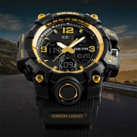 SKMEI 1155B Black PU Dual Time Sport Watch For Men - Golden & Black, 4 image