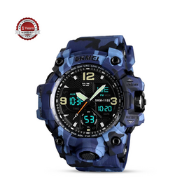 SKMEI 1155B Blue Camouflage PU Dual Time Sport Watch For Men - Blue Camouflage