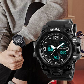 SKMEI 1155B Black PU Dual Time Sport Watch For Men - White & Black, 4 image