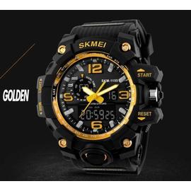 SKMEI 1155B Black PU Dual Time Sport Watch For Men - Golden & Black, 5 image