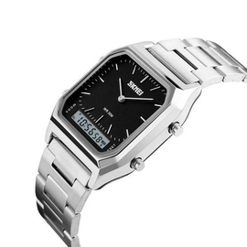 SKMEI 1220 Silver Stainless Steel Dual Time Luxury Watch For Men - Black & Silver, 3 image