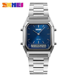 SKMEI 1220 Silver Stainless Steel Dual Time Luxury Watch For Men - Royal Blue & Silver