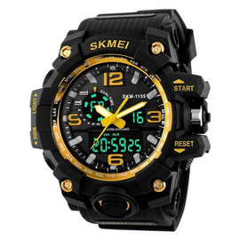 SKMEI 1155B Black PU Dual Time Sport Watch For Men - Golden & Black