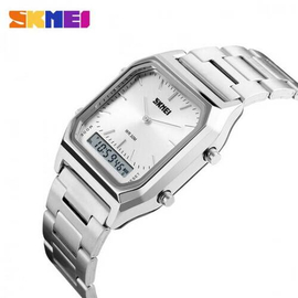 SKMEI 1220 Silver Stainless Steel Dual Time Luxury Watch For Men - White & Silver, 3 image