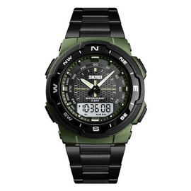 SKMEI 1370 Black Stainless Steel Dual Time Watch For Men - Army Green & Black