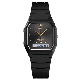 SKMEI 1604 Black PU Dual Time Sport Watch For Unisex - Black
