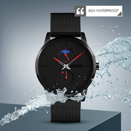 SKMEI 9208 Black Mesh Stainless Steel Analog Watch For Men - Red & Black, 5 image