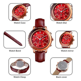 SKMEI 1704 Chocolate PU Leather Analog Luxury Watch For Women - Red & Chocolate, 5 image