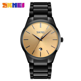 SKMEI 9140 Black Stainless Steel Analog Luxury Watch For Men - Golden & Black