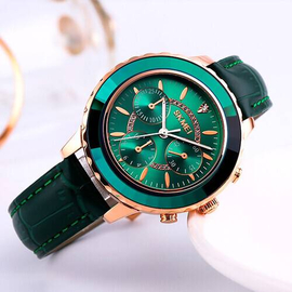 SKMEI 1704 Green PU Leather Analog Luxury Watch For Women - RoseGold & Green, 3 image