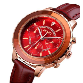 SKMEI 1704 Chocolate PU Leather Analog Luxury Watch For Women - Red & Chocolate, 3 image