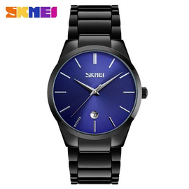 SKMEI 9140 Black Stainless Steel Analog Luxury Watch For Men - Royal Blue & Black