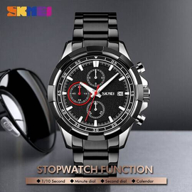 SKMEI 9192 Black Stainless Steel Chronograph Sport Watch For Men - Silver & Black, 4 image