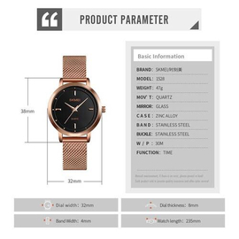 SKMEI 1528 RoseGold Mesh Stainless Steel Analog Watch For Women - Black & RoseGold, 4 image