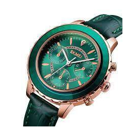 SKMEI 1704 Green PU Leather Analog Luxury Watch For Women - RoseGold & Green, 5 image