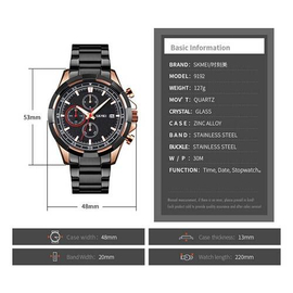 SKMEI 9192 Black Stainless Steel Chronograph Sport Watch For Men - RoseGold & Black, 4 image