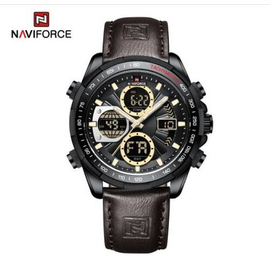 Naviforce NF9197L Chocolate PU Leather Dual Time Watch For Men - Black & Chocolate