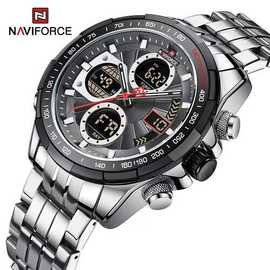 Naviforce NF9197 Silver Stainless Steel Dual Time Watch For Men - Black & Silver, 3 image