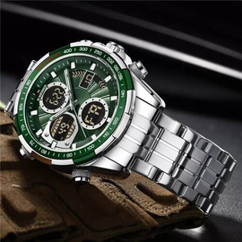 Naviforce NF9197 Silver Stainless Steel Dual Time Watch For Men - Green & Silver, 5 image