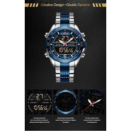 Naviforce NF9195 Silver And Royal Blue Stainless Steel Dual Time Watch For Men - Royal Blue & Silver, 5 image