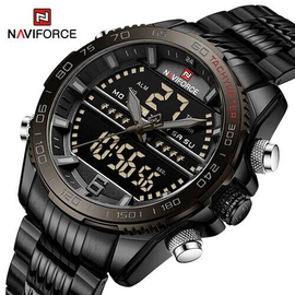 Naviforce NF9195 Black Stainless Steel Dual Time Watch For Men - Black, 3 image