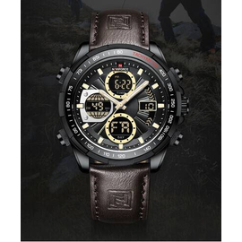 Naviforce NF9197L Chocolate PU Leather Dual Time Watch For Men - Black & Chocolate, 10 image