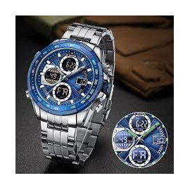 Naviforce NF9197 Silver Stainless Steel Dual Time Watch For Men - Royal Blue & Silver, 6 image