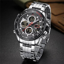 Naviforce NF9197 Silver Stainless Steel Dual Time Watch For Men - Black & Silver, 5 image
