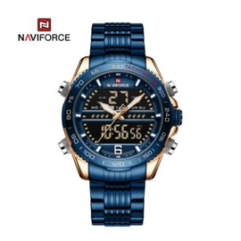 Naviforce NF9195 Royal Blue Stainless Steel Dual Time Watch For Men - RoseGold & Royal Blue